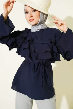 Ruffled Tie Waist Tunic Navy Blue
