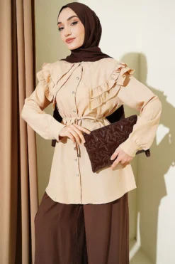 Ruffled Double Sailor Collar Shirt Beige