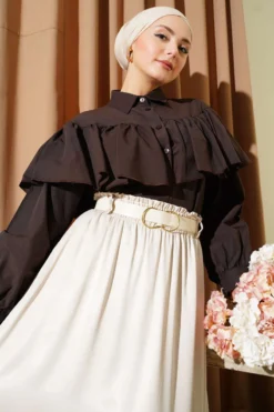 Ruffled Cape Detailed Short Shirt Brown