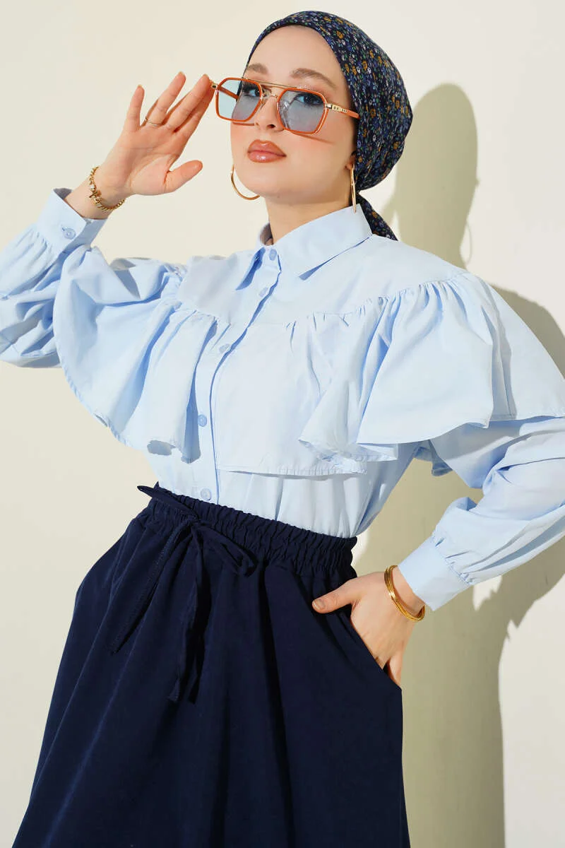 Ruffled Cape Detailed Short Shirt Blue groothandel shirt - Hicabistan Turkije fabriek