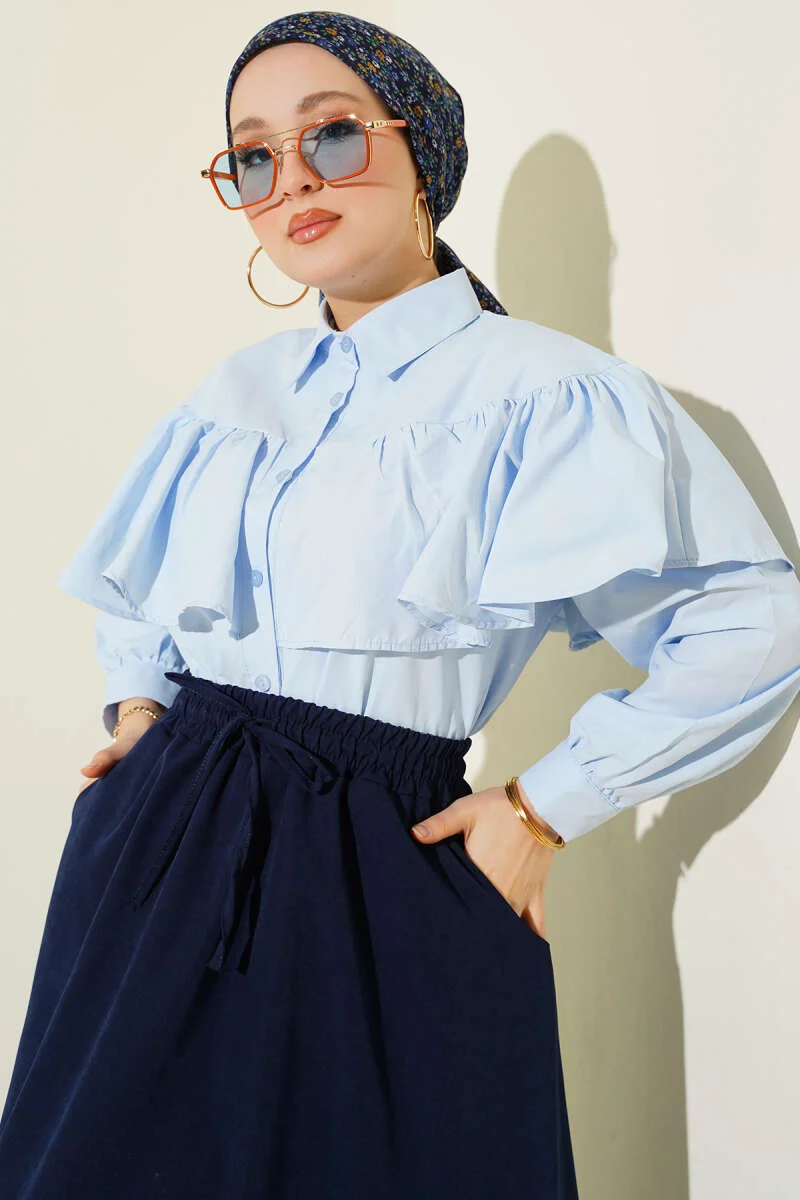 Ruffled Cape Detailed Short Shirt Blue groothandel shirt view 2 - Hicabistan Turkije fabriek