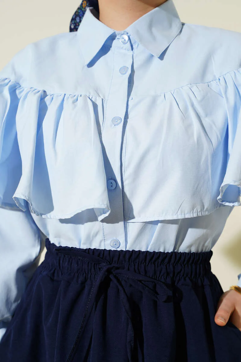 Ruffled Cape Detailed Short Shirt Blue groothandel shirt view 4 - Hicabistan Turkije fabriek