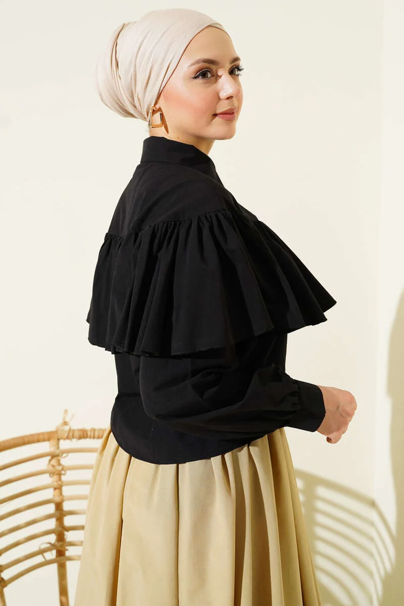Ruffled Cape Detailed Short Shirt Black – Image 3