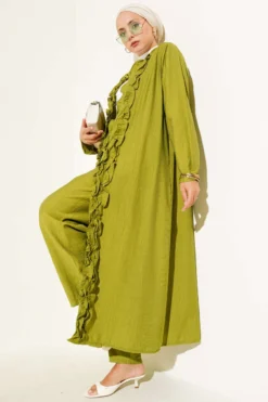 Ruffled Long Cardigan Two-Piece Set Green