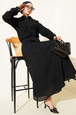 Zippered Gathered Detail Skirt Set Black
