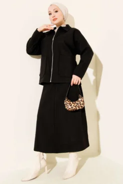 Zippered Pocketed Wool Skirted Two-Piece Set Black