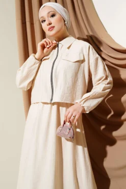 Alternative view of Zip-Up Elastic Waist Cardigan Dress Set Beige