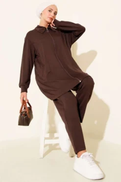 Zippered Pocket Two-Piece Set Brown