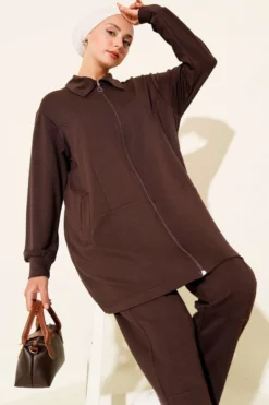 Alternative view of Zippered Pocket Two-Piece Set Brown