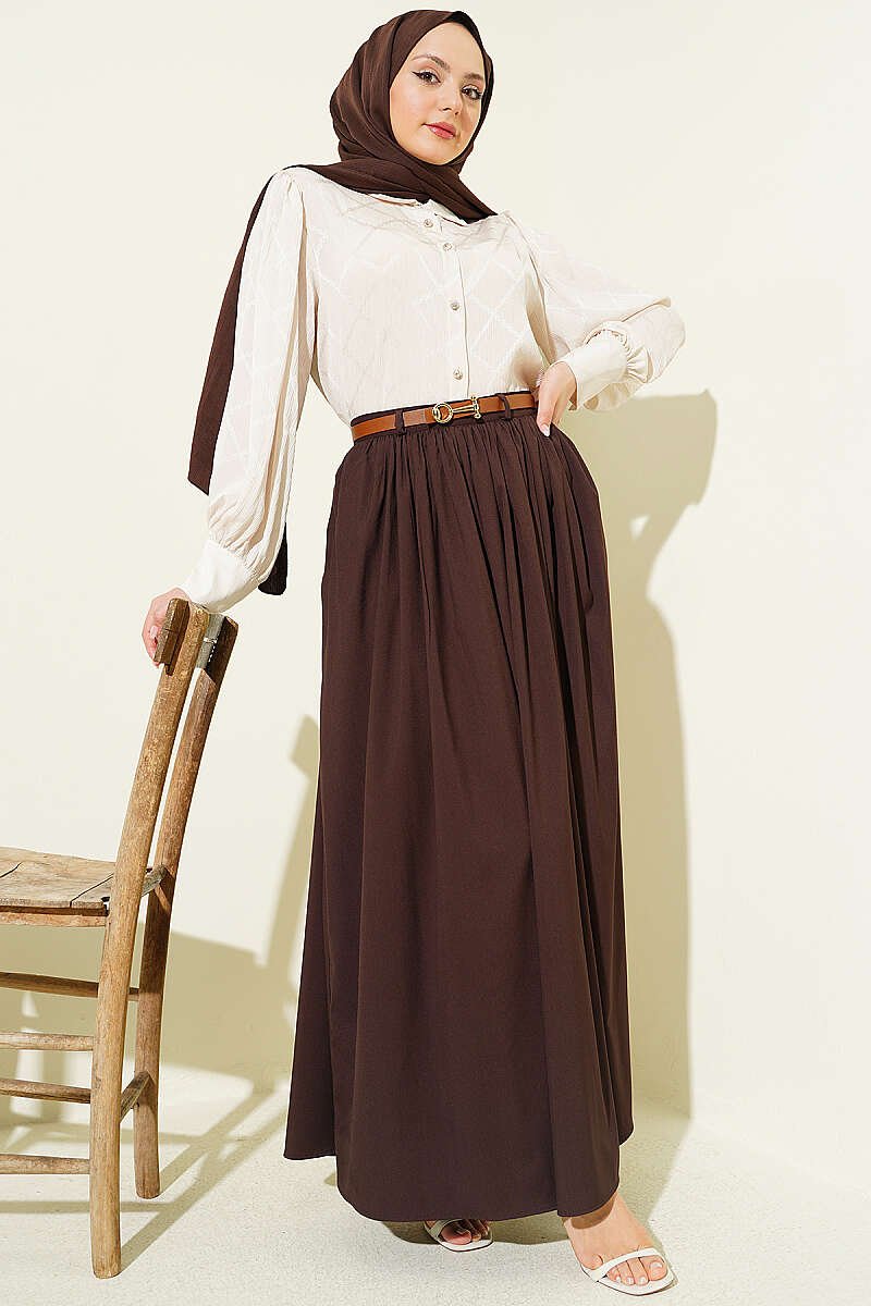 Zippered Belted Gathered Skirt Brown بالجملة skirt view 2 - Hicabistan مصنع تركيا