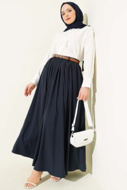 Zippered Belted Gathered Skirt Navy Blue wholesale skirt view 2 - Hicabistan Turkey factory
