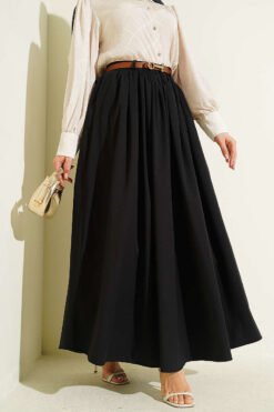 Zippered Belted Gathered Skirt Black wholesale skirt - Hicabistan Turkey factory