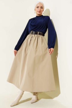 Zipped Belted Poplin Skirt Beige wholesale skirt view 2 - Hicabistan Turkey factory