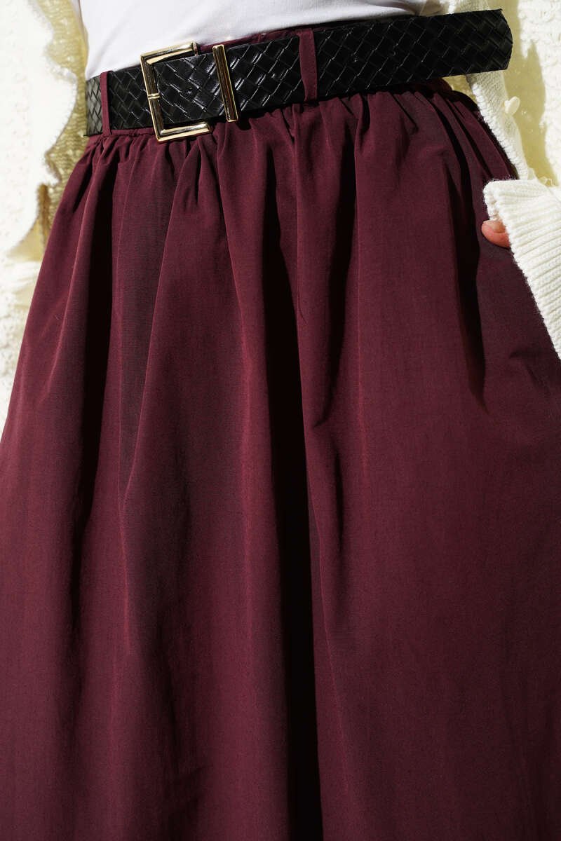 Zipped Belted Poplin Skirt Plum en gros skirt view 4 - Hicabistan usine Turquie