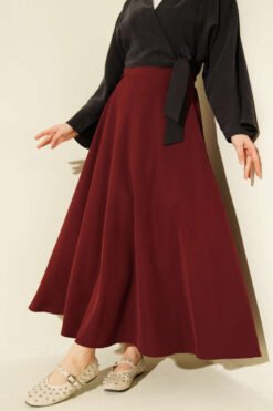 Zippered Tencel Flared Skirt Burgundy wholesale skirt - Hicabistan Turkey factory