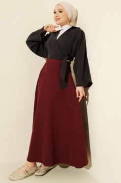 Zippered Tencel Flared Skirt Burgundy wholesale skirt view 2 - Hicabistan Turkey factory