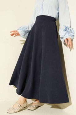 Zippered Tencel Flared Skirt Navy Blue