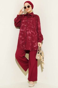 Brush Pattern Jacquard Two-Piece Set Burgundy