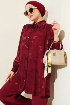 منظر بديل لـ Brush Pattern Jacquard Two-Piece Set Burgundy