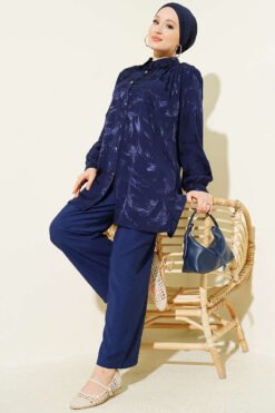 Brush Pattern Jacquard Two-Piece Set Navy Blue