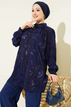 منظر بديل لـ Brush Pattern Jacquard Two-Piece Set Navy Blue