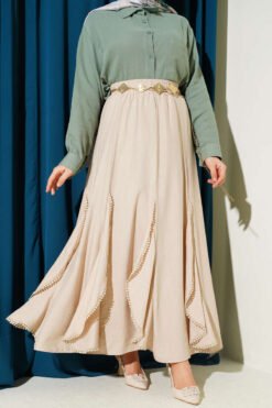 Ruffled Detail Elastic Waist Skirt Beige