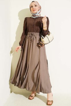 Ruffled Detail Elastic Waist Skirt Mink groothandel skirt view 2 - Hicabistan Turkije fabriek