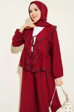 Alternative view of Ruffled Lace Tie-Up Two-Piece Set Burgundy