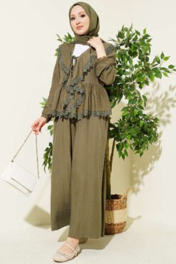 Ruffled Lace Tie-Up Two-Piece Set Khaki groothandel clothing set - Hicabistan Turkije fabriek