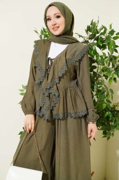 Ruffled Lace Tie-Up Two-Piece Set Khaki groothandel clothing set view 2 - Hicabistan Turkije fabriek