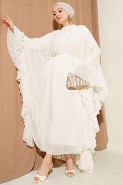 Ruffled Belted Chiffon Dress Cream
