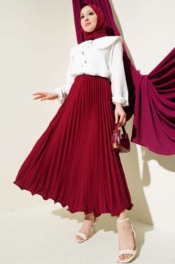 Ruffled Pleated Waistband Skirt Burgundy wholesale skirt view 2 - Hicabistan Turkey factory