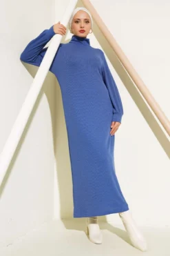 Ribbed Turtleneck Dress Blue