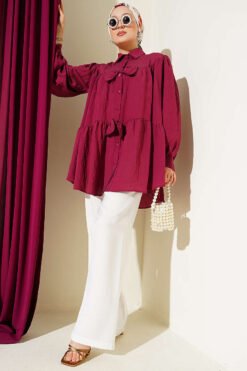 Oversized Shirt with Bow Detail Burgundy wholesale shirt view 2 - Hicabistan Turkey factory