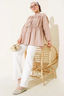 Shirred Blouse with Bow Beige wholesale shirt view 2 - Hicabistan Turkey factory