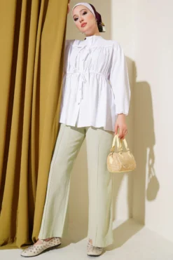 Shirred Blouse with Bow White wholesale shirt view 2 - Hicabistan Turkey factory