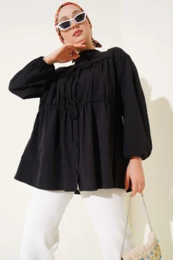 Shirred Blouse with Bow Black