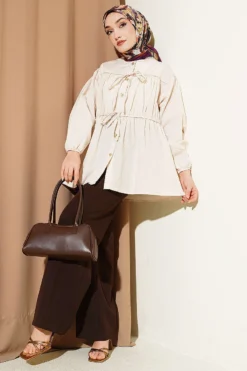 Shirred Blouse with Bow Stone Großhandel shirt view 2 - Hicabistan Türkei Fabrik