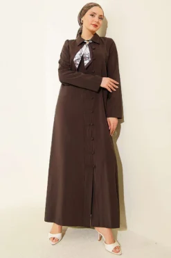 Modal Dress with Fular and Full-Length Brit Buttons Brown wholesale dress - Hicabistan Turkey factory