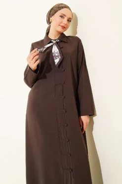 Modal Dress with Fular and Full-Length Brit Buttons Brown wholesale dress view 2 - Hicabistan Turkey factory