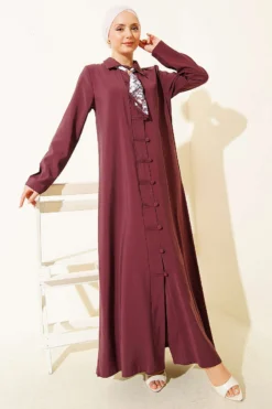 Modal Dress with Fular and Full-Length Brit Buttons Burgundy wholesale dress - Hicabistan Turkey factory