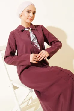 Modal Dress with Fular and Full-Length Brit Buttons Burgundy wholesale dress view 2 - Hicabistan Turkey factory