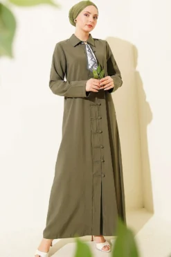 Modal Dress with Fular and Full-Length Brit Buttons Khaki wholesale dress - Hicabistan Turkey factory