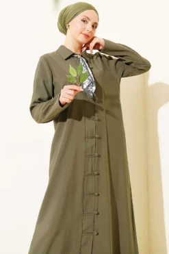 Modal Dress with Fular and Full-Length Brit Buttons Khaki wholesale dress view 2 - Hicabistan Turkey factory