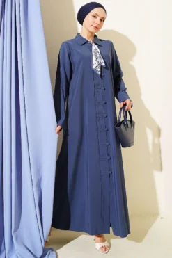 Modal Dress with Fular and Full-Length Brit Buttons Navy Blue wholesale dress - Hicabistan Turkey factory