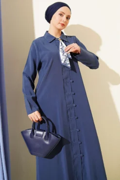 Modal Dress with Fular and Full-Length Brit Buttons Navy Blue wholesale dress view 2 - Hicabistan Turkey factory