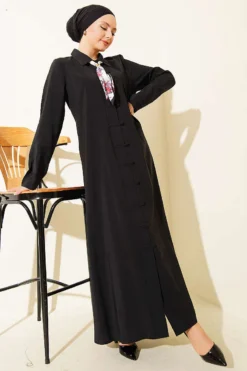 Modal Dress with Fular and Full-Length Brit Buttons Black wholesale dress - Hicabistan Turkey factory