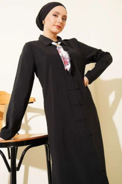 Modal Dress with Fular and Full-Length Brit Buttons Black wholesale dress view 2 - Hicabistan Turkey factory
