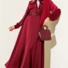 Satin Evening Dress with Scarf and Belt Burgundy wholesale dress - Hicabistan Turkey factory