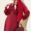 Satin Evening Dress with Scarf and Belt Burgundy wholesale dress view 2 - Hicabistan Turkey factory